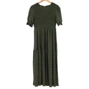 Smocked Tiered Maxi Dress Peasant Prairie Cottage Boho Forest Fairy Size L